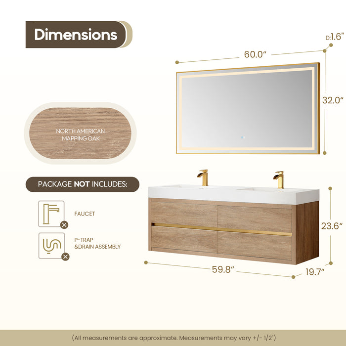 60-Inch Firelight Oak Wall Mount Double Sink Vanity - With White Composite Top & LED Mirror