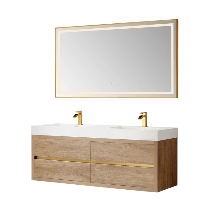 60-Inch Firelight Oak Wall Mount Double Sink Vanity - With White Composite Top & LED Mirror