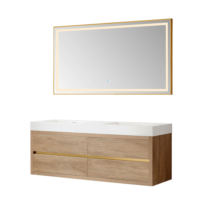 60-Inch Firelight Oak Wall Mount Double Sink Vanity - With White Composite Top & LED Mirror