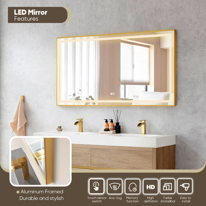 60-Inch Firelight Oak Wall Mount Double Sink Vanity - With White Composite Top & LED Mirror