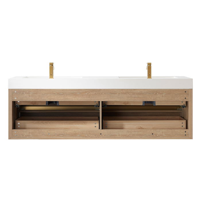 72-Inch Fjord Oak Double Sink Wall Mount Bath Vanity with White Composite Square Sink Top and Brushed Gold Hardwar