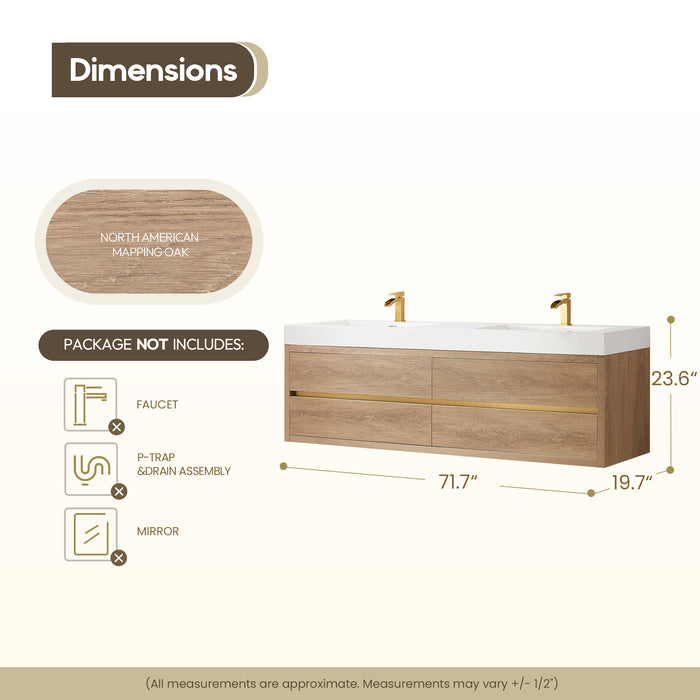 72-Inch Fjord Oak Double Sink Wall Mount Bath Vanity with White Composite Square Sink Top and Brushed Gold Hardwar