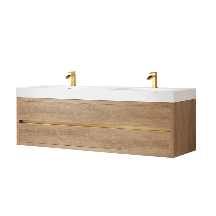 72-Inch Fjord Oak Double Sink Wall Mount Bath Vanity with White Composite Square Sink Top and Brushed Gold Hardwar