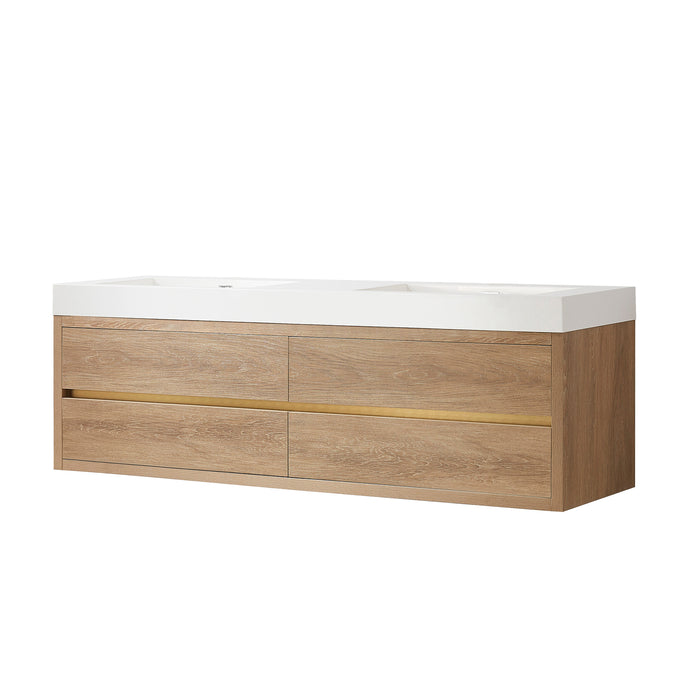 72-Inch Fjord Oak Double Sink Wall Mount Bath Vanity with White Composite Square Sink Top and Brushed Gold Hardwar