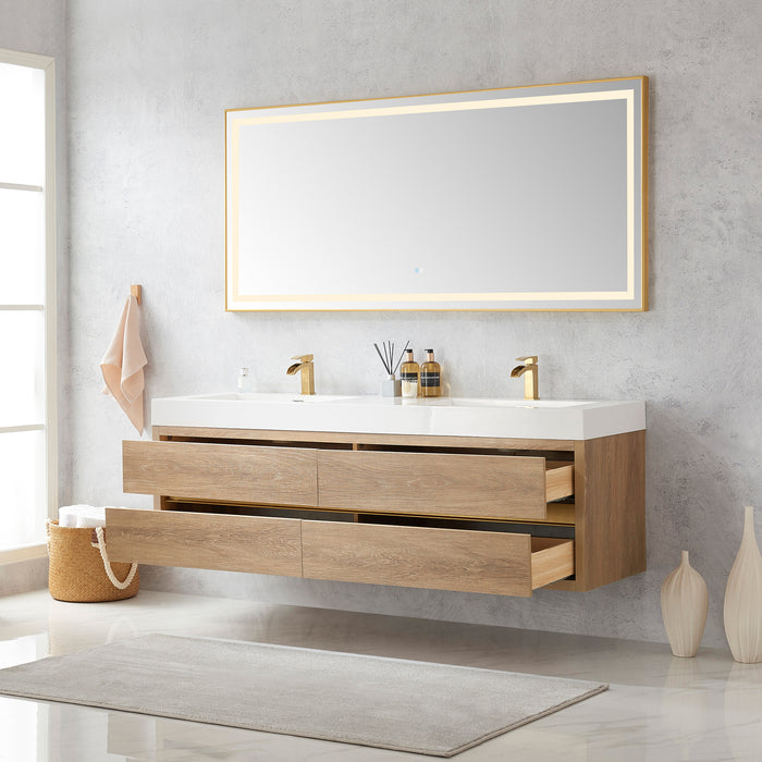 72-Inch Fjord Oak Double Sink Wall Mount Bath Vanity with White Composite Square Sink Top and Brushed Gold Hardwar