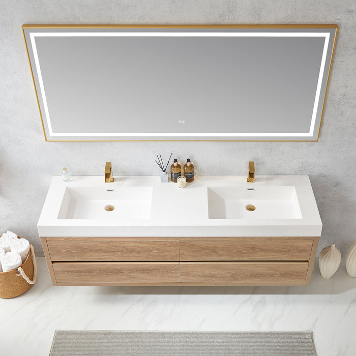 72-Inch Fjord Oak Double Sink Wall Mount Bath Vanity with White Composite Square Sink Top and Brushed Gold Hardwar