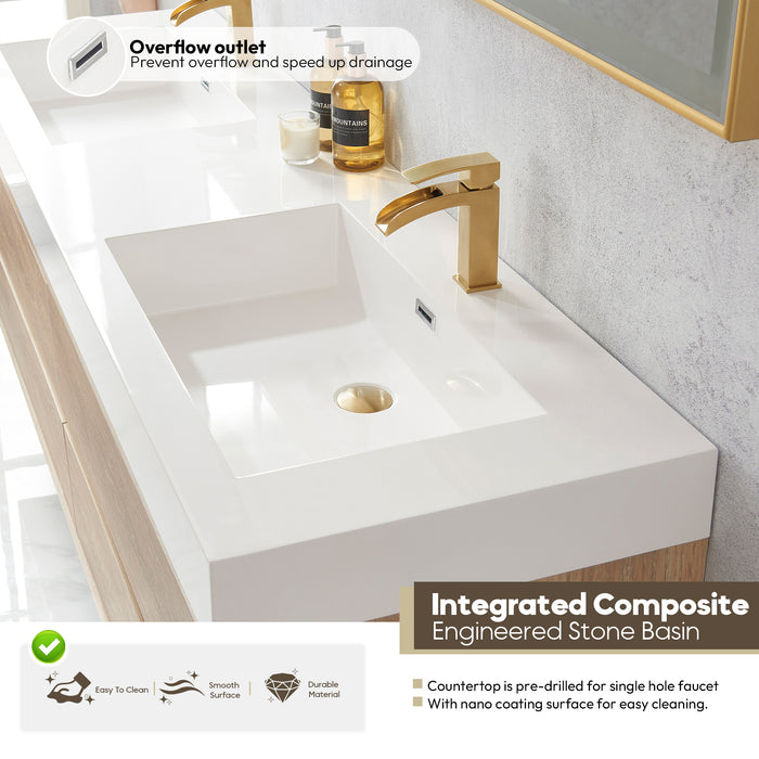 72-Inch Fjord Oak Double Sink Wall Mount Bath Vanity with White Composite Square Sink Top and Brushed Gold Hardwar