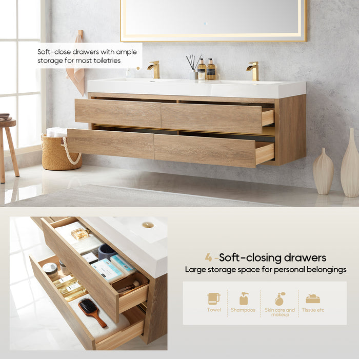 72-Inch Fjord Oak Double Sink Wall Mount Bath Vanity with White Composite Square Sink Top and Brushed Gold Hardwar