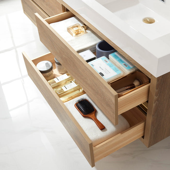 72-Inch Fjord Oak Double Sink Wall Mount Bath Vanity with White Composite Square Sink Top and Brushed Gold Hardwar