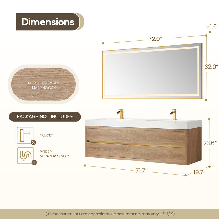 72-Inch Folio Wall Mount Double Vanity Oak Finish with Integrated White Sink Top & Mirror