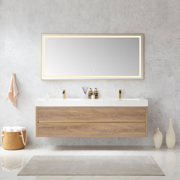 72-Inch Folio Wall Mount Double Vanity Oak Finish with Integrated White Sink Top & Mirror