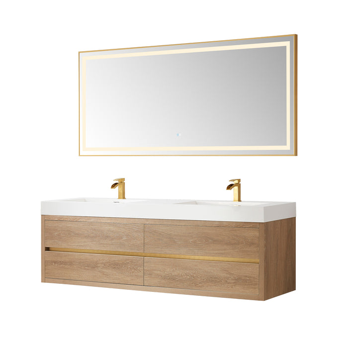 72-Inch Folio Wall Mount Double Vanity Oak Finish with Integrated White Sink Top & Mirror