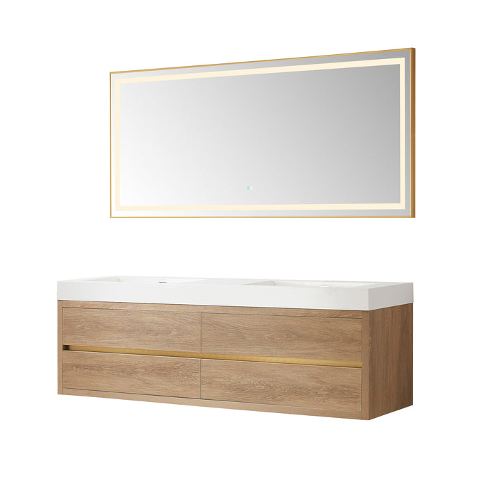 72-Inch Folio Wall Mount Double Vanity Oak Finish with Integrated White Sink Top & Mirror