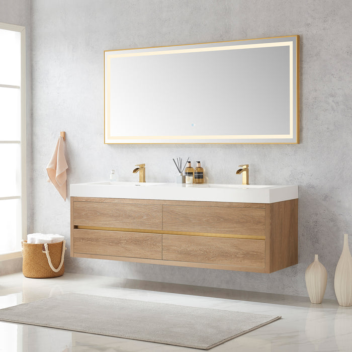 72-Inch Folio Wall Mount Double Vanity Oak Finish with Integrated White Sink Top & Mirror
