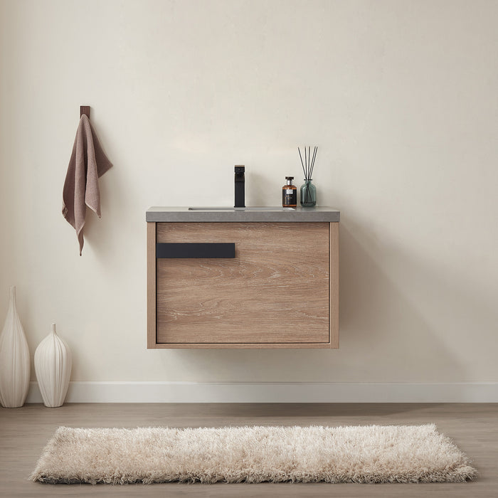30-Inch Eris Vanity – North American Oak, Freestanding Design with Grey Stone Countertop