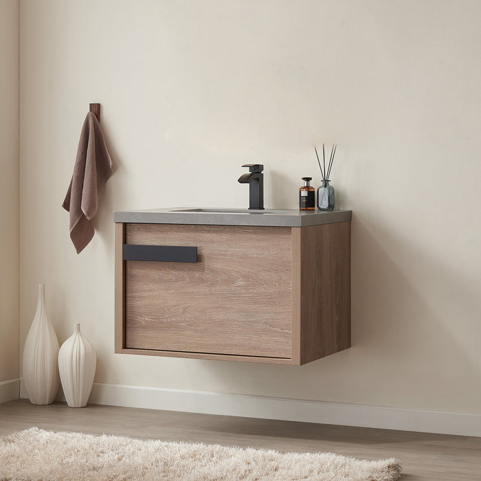 30-Inch Eris Vanity – North American Oak, Freestanding Design with Grey Stone Countertop