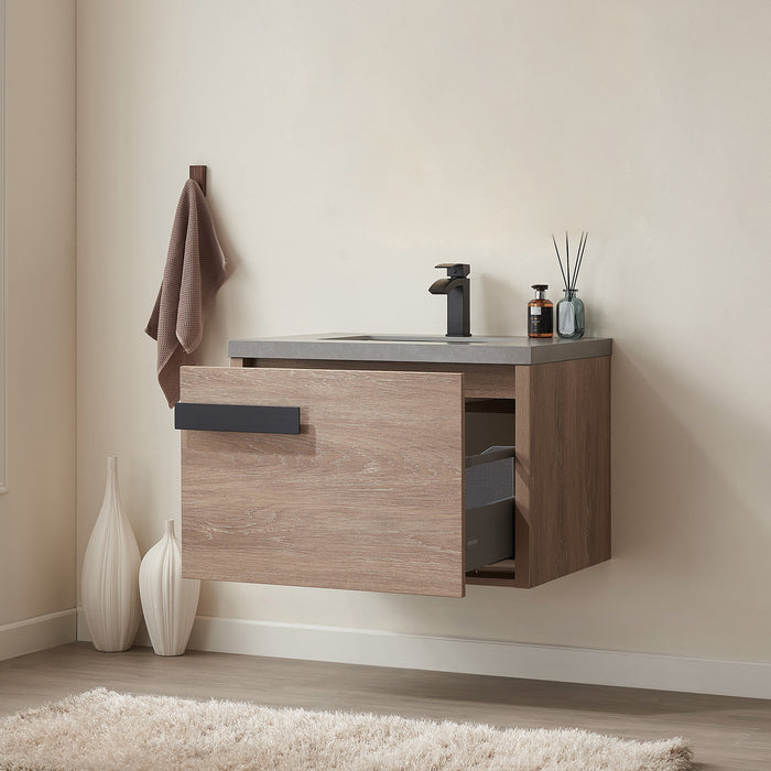 30-Inch Eris Vanity – North American Oak, Freestanding Design with Grey Stone Countertop