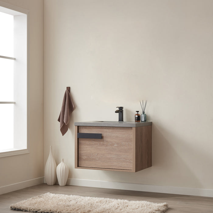 30-Inch Eris Vanity – North American Oak, Freestanding Design with Grey Stone Countertop