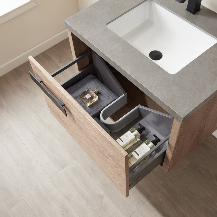 30-Inch Eris Vanity – North American Oak, Freestanding Design with Grey Stone Countertop