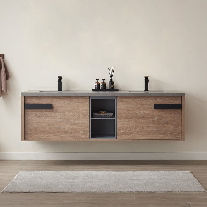 72-Inch Corsair Freestanding Vanity – North American Oak Wood with Double Sink & Grey Sintered Counter