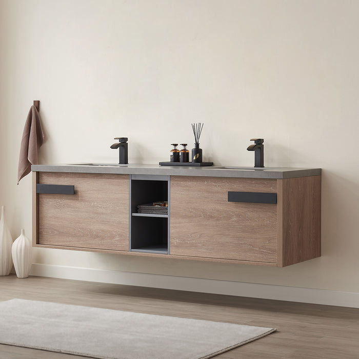72-Inch Corsair Freestanding Vanity – North American Oak Wood with Double Sink & Grey Sintered Counter