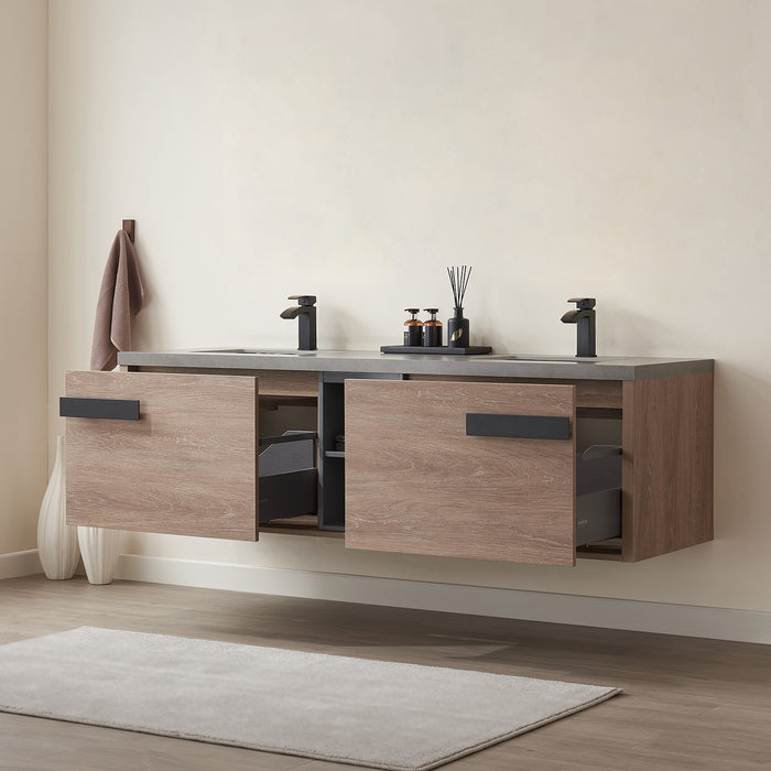 72-Inch Corsair Freestanding Vanity – North American Oak Wood with Double Sink & Grey Sintered Counter