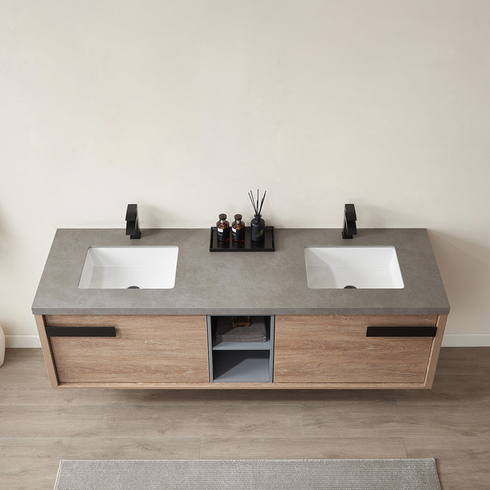 72-Inch Corsair Freestanding Vanity – North American Oak Wood with Double Sink & Grey Sintered Counter