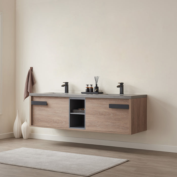 72-Inch Corsair Freestanding Vanity – North American Oak Wood with Double Sink & Grey Sintered Counter