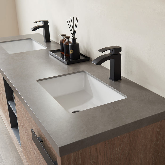 72-Inch Corsair Freestanding Vanity – North American Oak Wood with Double Sink & Grey Sintered Counter