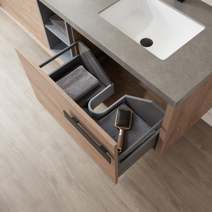 72-Inch Corsair Freestanding Vanity – North American Oak Wood with Double Sink & Grey Sintered Counter