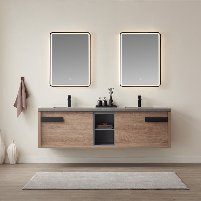 72-Inch Colonnade Vanity – Contemporary Oak Wood with Grey Stone Top, Double Sink & Mirror Included