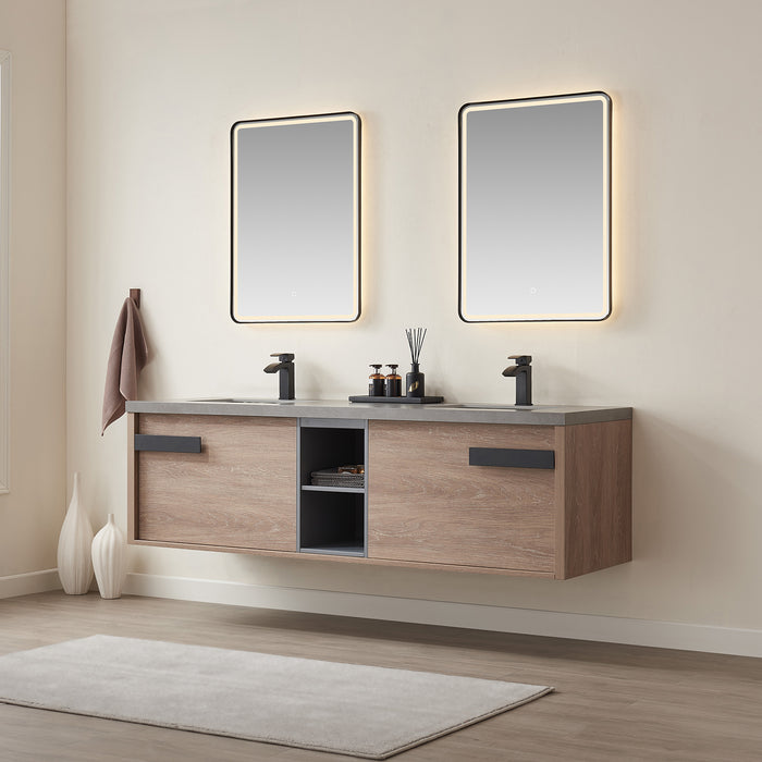72-Inch Colonnade Vanity – Contemporary Oak Wood with Grey Stone Top, Double Sink & Mirror Included