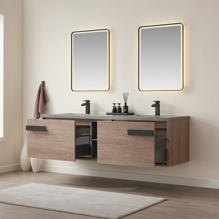 72-Inch Colonnade Vanity – Contemporary Oak Wood with Grey Stone Top, Double Sink & Mirror Included
