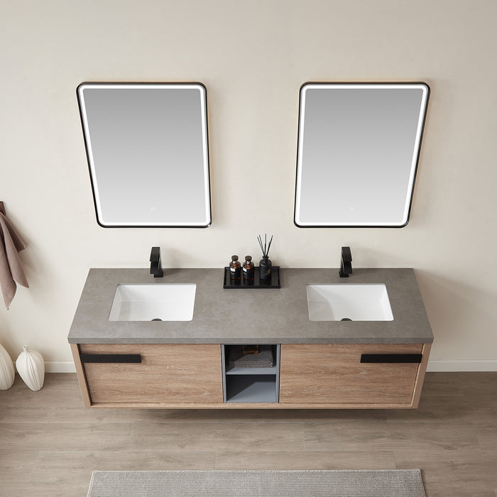 72-Inch Colonnade Vanity – Contemporary Oak Wood with Grey Stone Top, Double Sink & Mirror Included