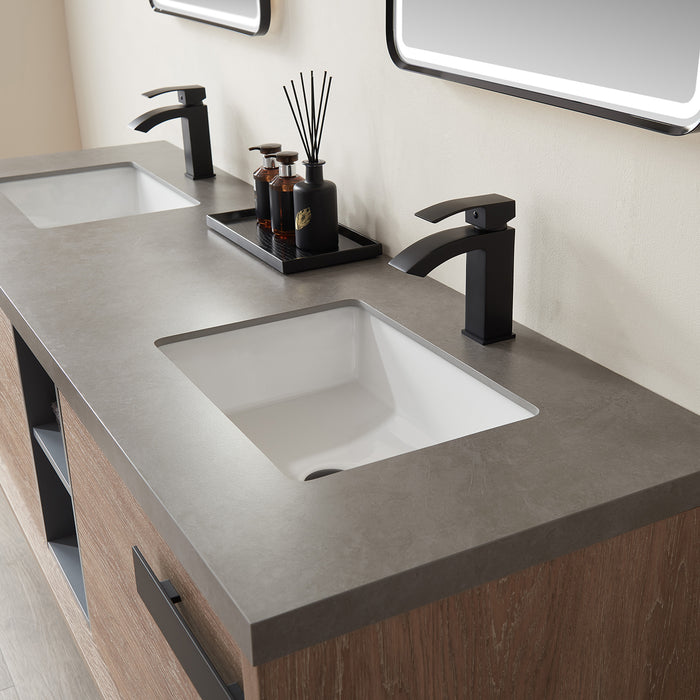 72-Inch Colonnade Vanity – Contemporary Oak Wood with Grey Stone Top, Double Sink & Mirror Included