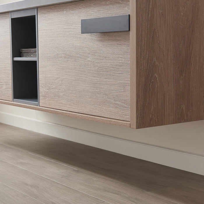 72-Inch Colonnade Vanity – Contemporary Oak Wood with Grey Stone Top, Double Sink & Mirror Included