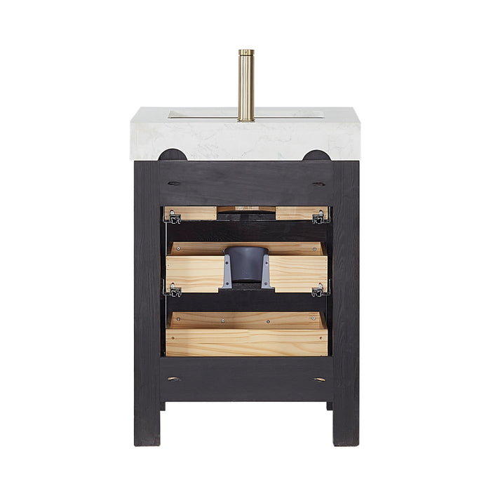 24-Inch Solace Single Sink Vanity – Freestanding Black Fir Cabinet with White Composite Countertop & Mirror