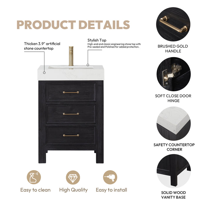 24-Inch Solace Single Sink Vanity – Freestanding Black Fir Cabinet with White Composite Countertop & Mirror
