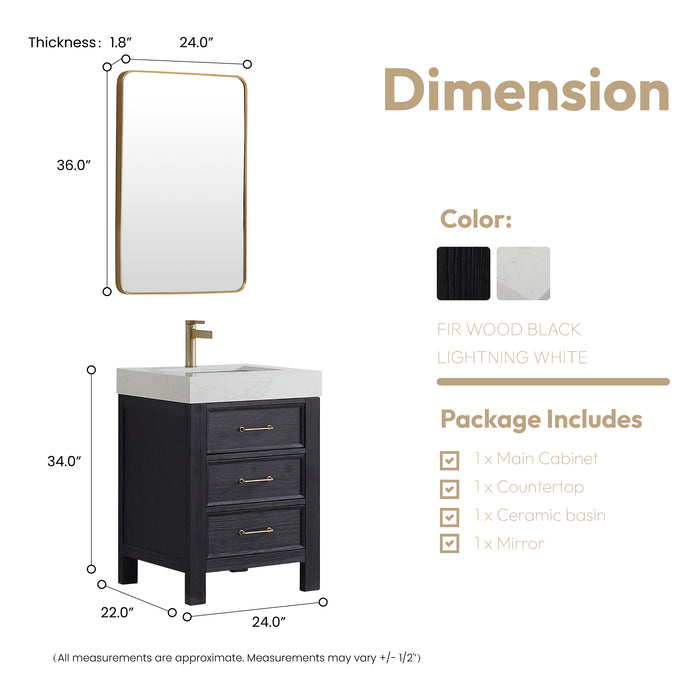 24-Inch Solace Single Sink Vanity – Freestanding Black Fir Cabinet with White Composite Countertop & Mirror
