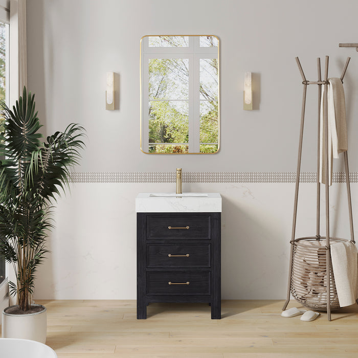 24-Inch Solace Single Sink Vanity – Freestanding Black Fir Cabinet with White Composite Countertop & Mirror