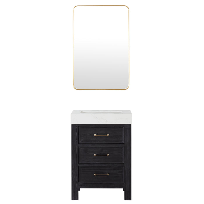 24-Inch Solace Single Sink Vanity – Freestanding Black Fir Cabinet with White Composite Countertop & Mirror