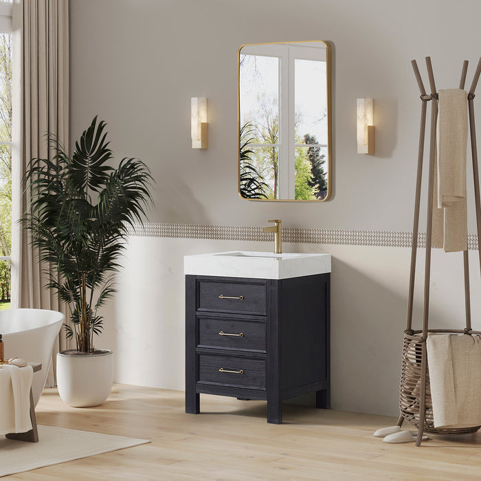 24-Inch Solace Single Sink Vanity – Freestanding Black Fir Cabinet with White Composite Countertop & Mirror