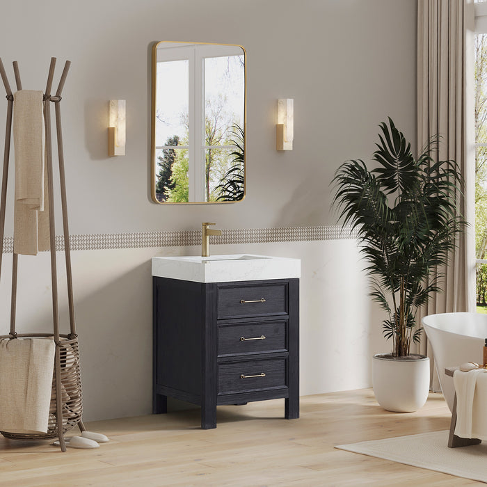 24-Inch Solace Single Sink Vanity – Freestanding Black Fir Cabinet with White Composite Countertop & Mirror