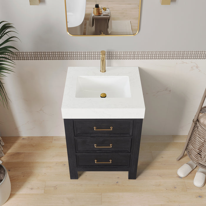 24-Inch Solace Single Sink Vanity – Freestanding Black Fir Cabinet with White Composite Countertop & Mirror
