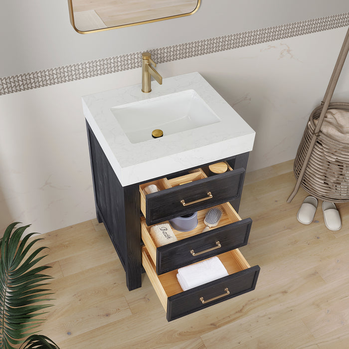 24-Inch Solace Single Sink Vanity – Freestanding Black Fir Cabinet with White Composite Countertop & Mirror