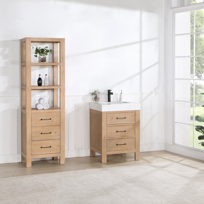 24-Inch Silhouette Small Bathroom Vanity – Brown Wood Cabinet with Lightning White Countertop and Soft-Close Storage