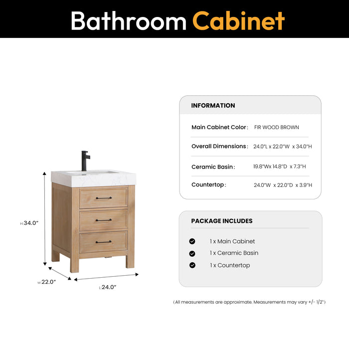 24-Inch Silhouette Small Bathroom Vanity – Brown Wood Cabinet with Lightning White Countertop and Soft-Close Storage