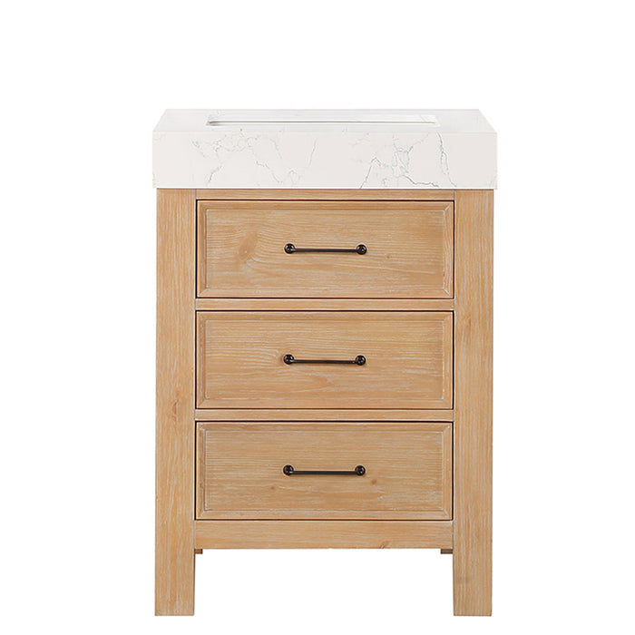 24-Inch Silhouette Small Bathroom Vanity – Brown Wood Cabinet with Lightning White Countertop and Soft-Close Storage