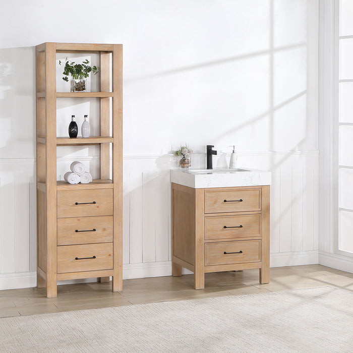 24-Inch Silhouette Small Bathroom Vanity – Brown Wood Cabinet with Lightning White Countertop and Soft-Close Storage