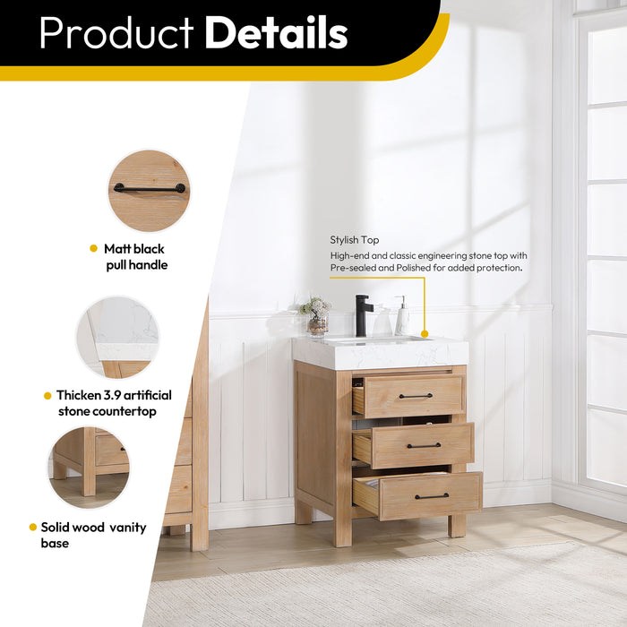 24-Inch Silhouette Small Bathroom Vanity – Brown Wood Cabinet with Lightning White Countertop and Soft-Close Storage